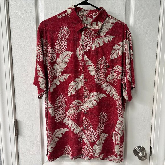 Vintage Batik Bay Mens Hawaiian Floral Pineapple red button down shirt Size L - Picture 1 of 6